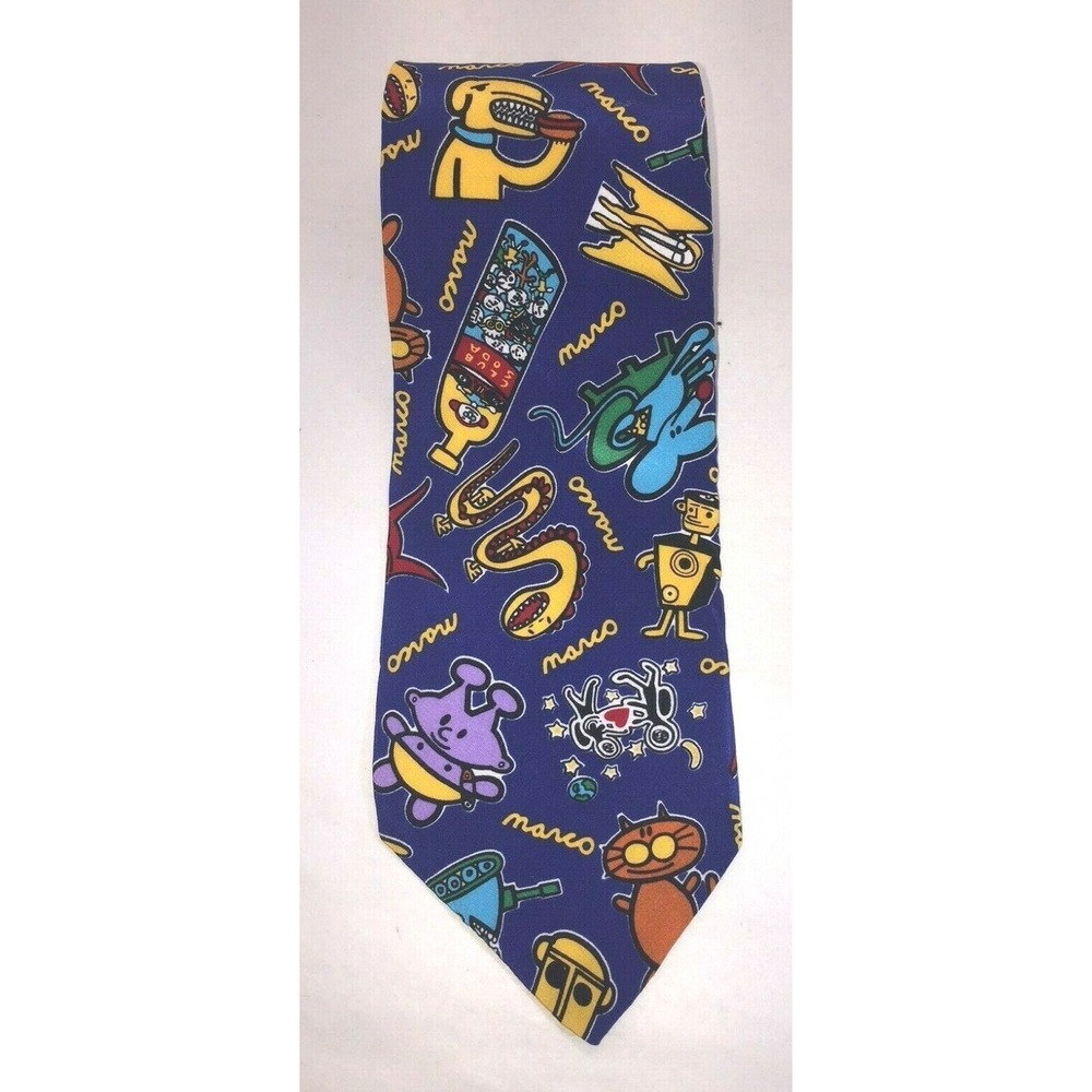NOS Proudly Made by Marco NYC Navy Cartoon Pattern Silk Neck Tie 55"‎